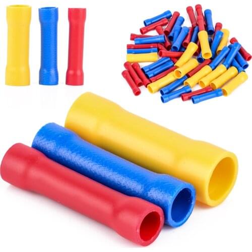50pcs Assorted Insulated Straight Butt Connectors Electrical Crimp Wire Cable Terminals Set Red Blue Yellow