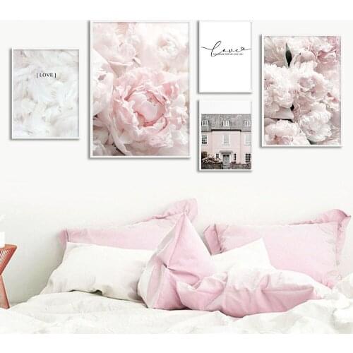 5D DIY Diamond Painting Peony Flower Feather Pink House Love Quotes Print Poser Nordic Wall Art Pictures for Room Decor