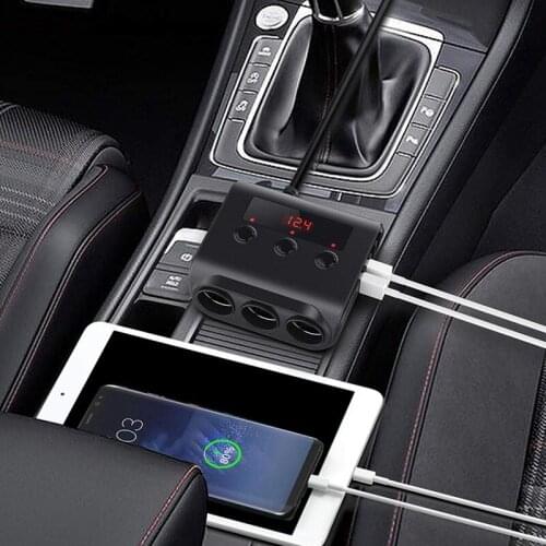 Car Charger Splitter 12V/24V 100W Car Power Outlet with Switch Voltage Display 4 USB Ports Car Charger Adapter