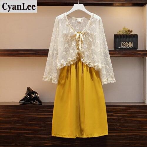 Plus Size Women sweet Suits women solid dress and lace top set for ladies 2 Piece Dress Sets Summer Dress Suit Twin Sets