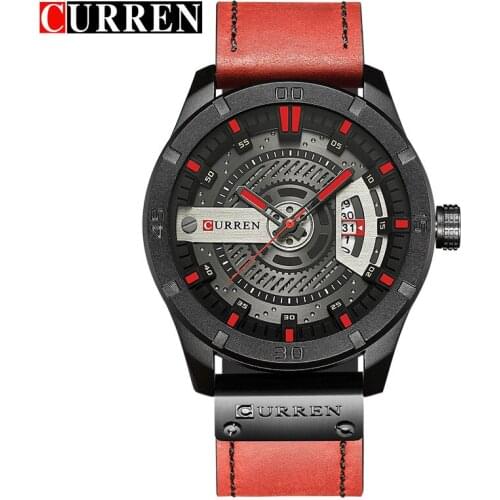 CURREN Hot Sale Men Watch Fashion Creative Red Leather Strap Wristwatch Luxury Brand Date Display Quartz Watch relogio masculino