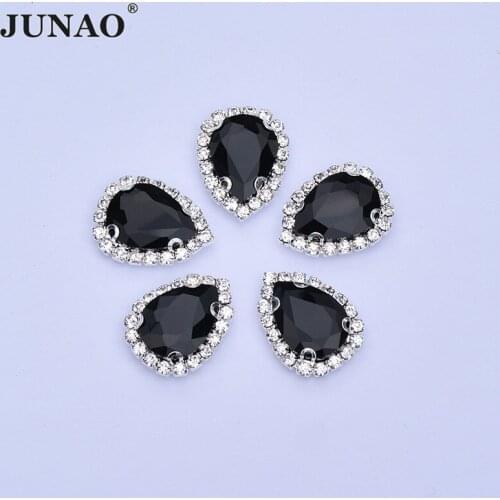 JUNAO 13*18mm Black Color Sewing Teardrop Glass Rhinestone Applique Silver Claw Strass Diamond Sew On Stones For Shoes Bag