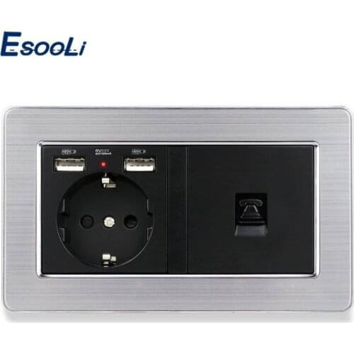 ESOOLI Stainless Steel Panel EU Standard Socket with 2 USB Charge Port +1 Gang RJ11 2 Core Telephone Connector Electric Socket