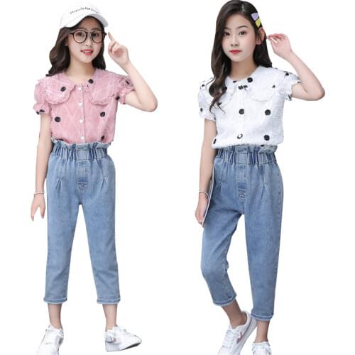 Summer Girls Clothing Sets Children Polka Dot T-shirt+Jeans 2pcs Outfit Kids Suit For Girl Clothes Suits 4 6 8 10 12 14 Years