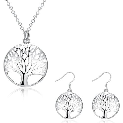 Wisdom Tree Necklace Earring Set 925 Sterling Silver Tree of Life Pendant Necklace and Earrings Christmas Gifts 2pcs Jewelry Set