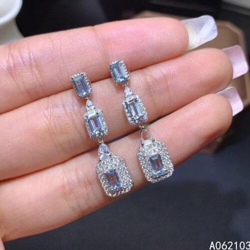KJJEAXCMY fine jewelry 925 sterling silver inlaid natural Aquamarine women fashion trendy square earrings eardrop support detect