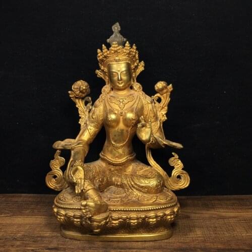 8"Chinese temple collection Old Bronze Gilt Green Tara Bodhisattva Buddha Guanyin Sitting Buddha Ornaments Town House Exorcism