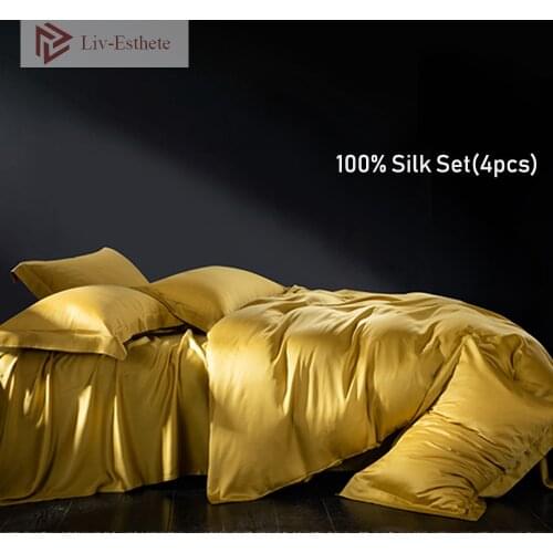 Liv-Esthete Women Yellow 100% Silk Beauty Bedding Set Silky HealthyDuvet Cover Flat Sheet Pillowcase Queen King Bed Linen Set