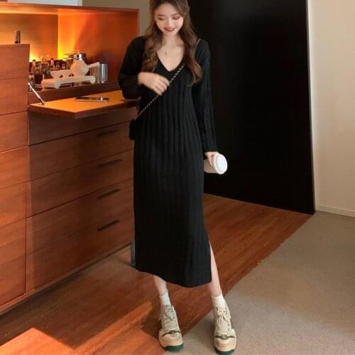 Fashion Women Maxi Dress Loose Long Dress Split Knit Sweater Dresses Plus Size Women Clothing