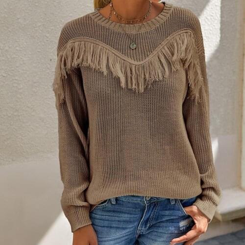 Fashion Women Autumn Solid Color Long Sleeve Pullover Tassel Knit Sweater Jumper