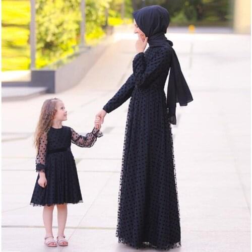 Muslim islamic clothing tulle polka dot maxi dress women abaya dress kaftan and muslim girl dress fashion Lace Parent-child wear