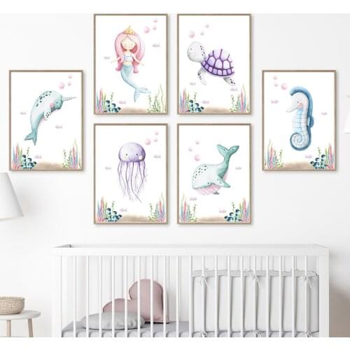 Mermaid Jellyfish Dolphin Seahorse Marine Life Wall Art Canvas Painting Nordic Posters And Prints Wall Pictures Kids Room Decor