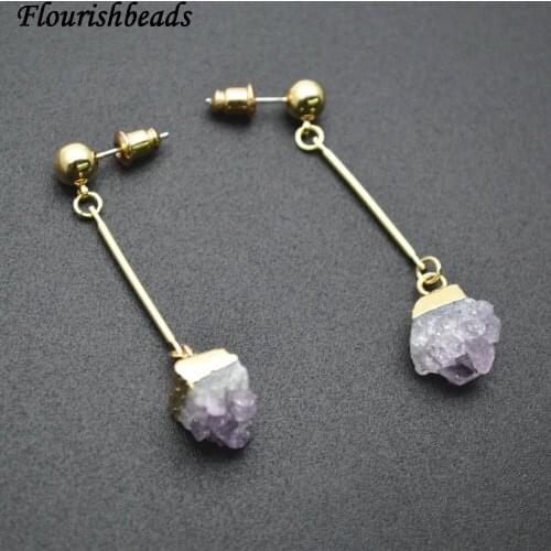 New Design Natural Rough Druzy Amethyst Quartz Nugget Gold Color Metal Stick Long Dangle Earrings Fashion Woman Party Jewelry