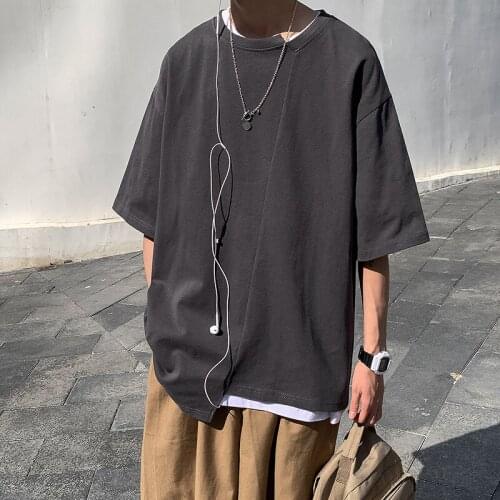 2021 Summer New Mens Short-sleeved Tops Irregular T-shirt Male Loose Youth Korean Round Neck Fashion Streetwear T-shirt