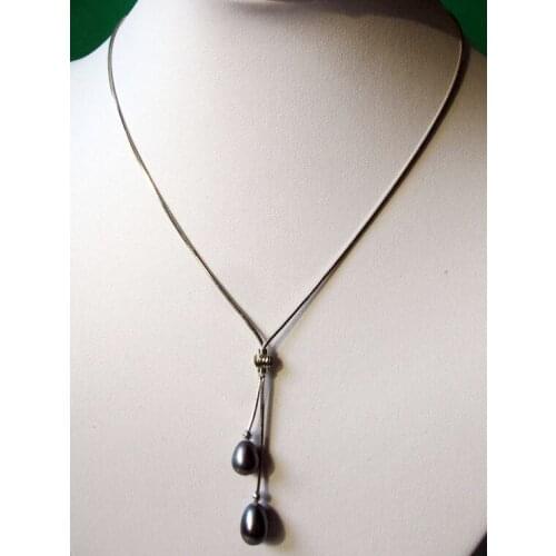 New Arriver Beautiful Dark Grey Freshwater Pearls Silver Plated Snake Skin Chain Necklace
