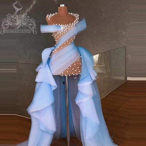 Trendy Mix Color Pearls Tulle Prom Dresses Luxury Beading Long Prom Gowns With Train See Thru Formal Party Gowns Custom Made