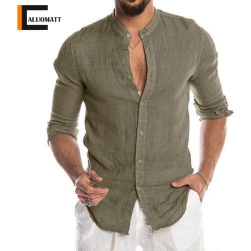 New Linen Mens Shirts Long Sleeve Casual Slim Men Shirt Simple Design Solid Colors Stand Collar Blouse Loose Handsome Tee Shirt