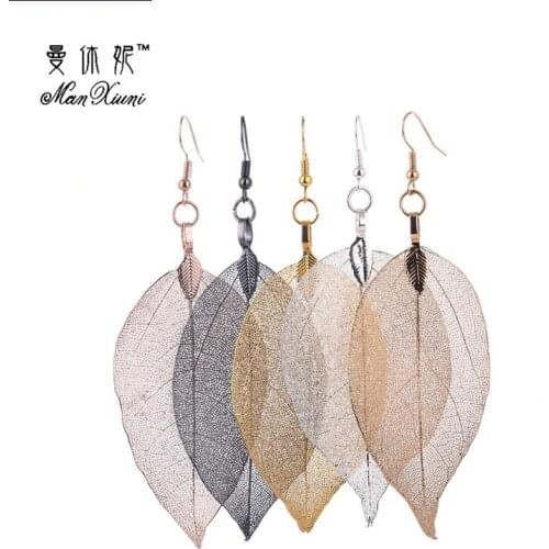 MANXIUNI Fashion Bohemian Long Earrings Unique Natural Real Leaf Big Earrings For Women Fine Jewelry Gift Pendiente