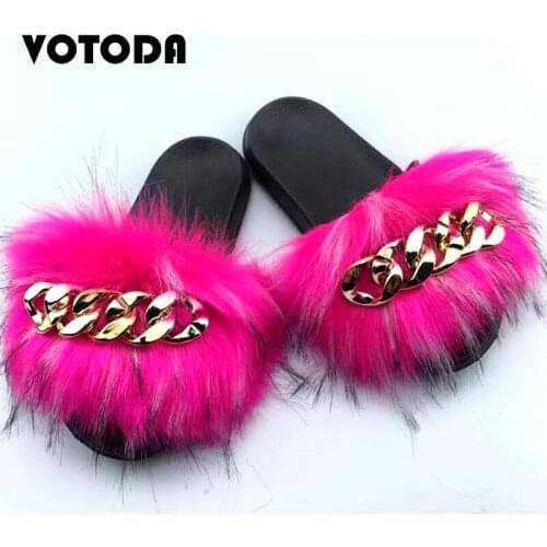 Chain Fur Fox Slippers Summer Women Faux Fox Flip Flops Raccoon Slides Outdoor Flat Sandals Fashion Casual Non-Slip Female Shoes