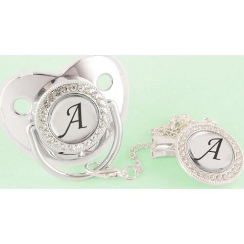 26 Initial Name Letter BlingBling Silver Baby Pacifier With Clips BPA Free Silicone Dummy Nipples Baby Soother For Shower Gift