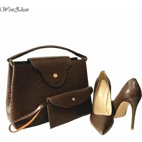Brown Pumps High Heels Shoes Woman Stiletto Pointed Toe Party Shoes Matching Fashion Style Women Hangbag set WENZHAN 36-43 12cm