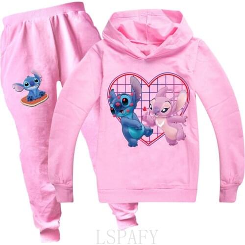 Disney Stitch Spring and Autumn Suit Cotton Kids Hoodie And Pant Two-piece Cartoon 2-14 Years Stitch Girl Boys Kids Clothes Set