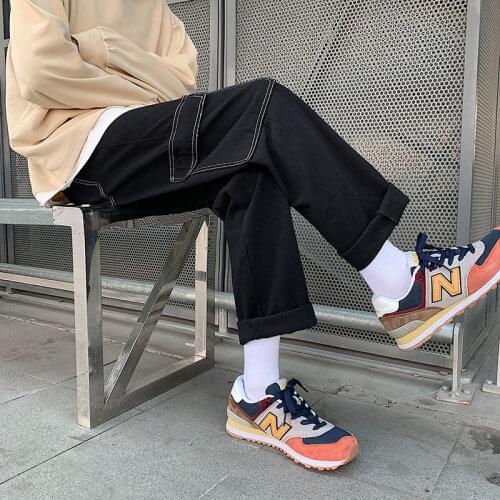 2021 spring new mens jeans Korean style loose straight three-dimensional big pocket trendy wide-leg pants