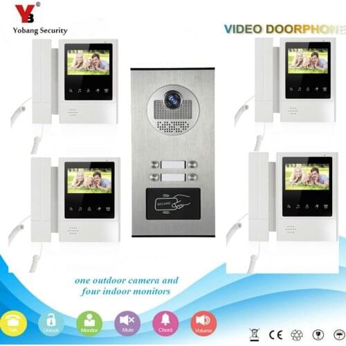 Yobang Security freeship 4.3 inch Apartments of 4 Units Kit Video Door Phone Video Intercom Entrance Doorbell phone Night Vision