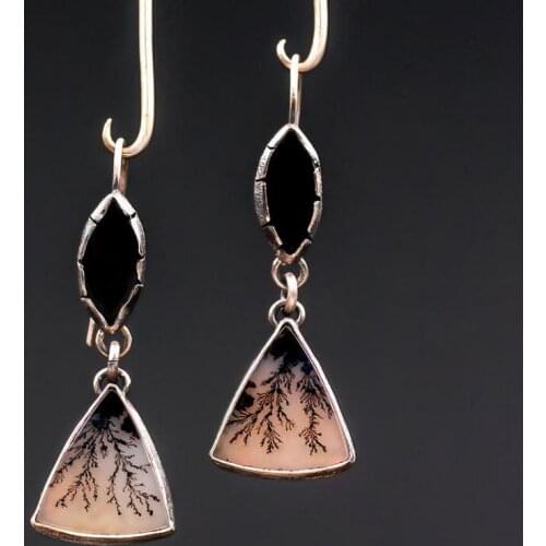 Newfangled Vintage Silver Agate Triangle Dangle Earrings for Women Fashion Geometric Black Eye Drop Earrings Jewelry Wholesale
