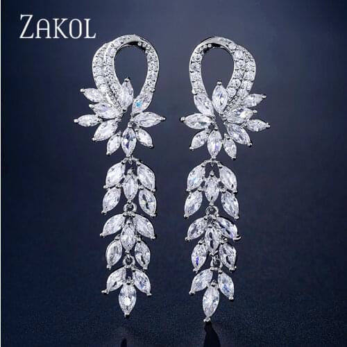 ZAKOL Luxury Gorgeous Marquise Cluster Flower Shape Cubic Zirconia Long Dangle Drop Earrings for Brides Wedding Jewelry FSEP162