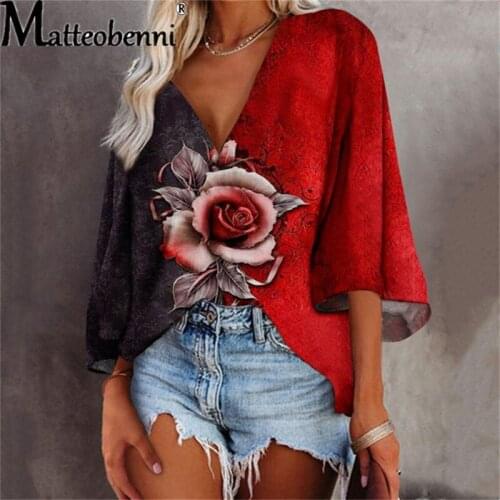 3/4 Sleeve Floral Print V Neck T Shirt Blouse Women Autumn Summer Casual Loose Plus Size Fashion Shirt Sexy Elegant Clothes Tops
