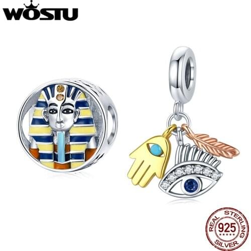 WOSTU 925 Sterling Silver Zircon Egypt Lucky Guardian Pharaoh Charms Pendant Fit Bracelets Women Fashion Jewelry Making Gift