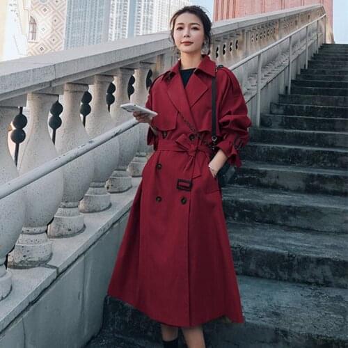 Women Trench Coat Top 2021 Autumn Elegant Casual Loose Solid Mid-Length Windbreaker Korean Double Breasted Belted Overcoat Coat