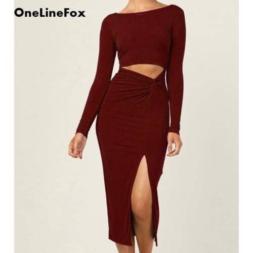 OneLineFox Womens Red Dress Split Tie Up Cut Out Spaghetti Strap Long Sleeve Fashion Fall Evening Bodycon Sexy Party Dresses