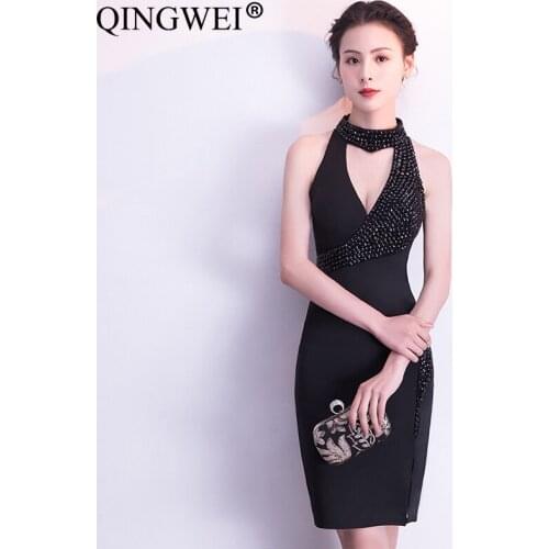 2019 Robe femme sexy nightclub dress Bar slim Black Women temperament diamond hanging neck wedding banquet party dress