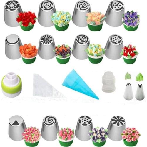 27pcs/Set Russian Icing Piping Nozzles Stainless Steel Flower Cream Pastry Tips Nozzles Bag Coupler Cake Decorating Tools