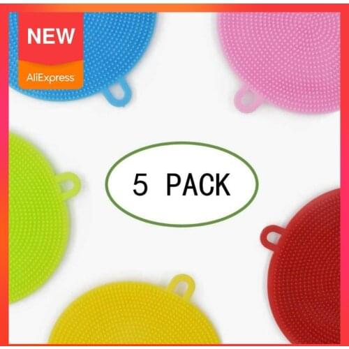 5 PCS Kitchen Cleaning Brush Silicone Dishwashing Brush Fruit Vegetable Cleaning Brushes Pot Pan Sponge Scouring colorful Pads