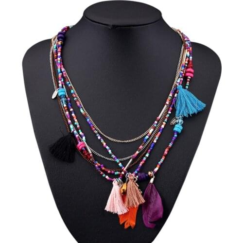 Bohemia Jewelry Accessories 4 Colors Multi Layer Alloy Chain Handmade Beads Tassel Feather Pendants and Necklaces for Women