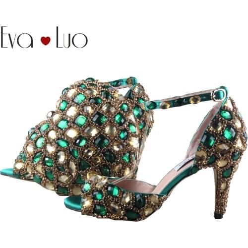 BS1138 Custom Made Green Gold Crystal Shoes With Matching Bag Set Bridal Wedding Shoes Women High Heel Shoes