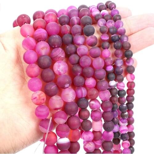 Natural Stone Beads Frosted Rose Red Striped Agate Loose Beads for Jewelry Making Needlework DIY Bracelet Strand 4-12 MM