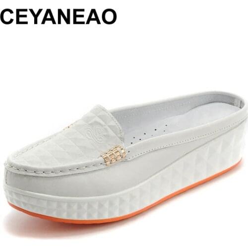 CEYANEAONew Womens Casual Close Toe Slip-on Platform Wedge Slippers Fashion Round Toe Genuine Cow Leather Slides For WomenE2127