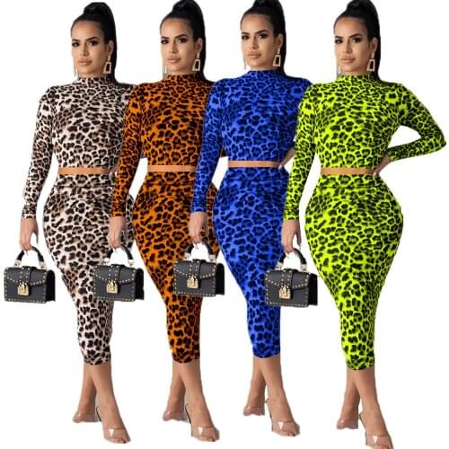 FNOCE autumn winter womens sets tracksuit sexy nightclub leopard print o-neck long sleeve short tops tight bust skirt two-piece