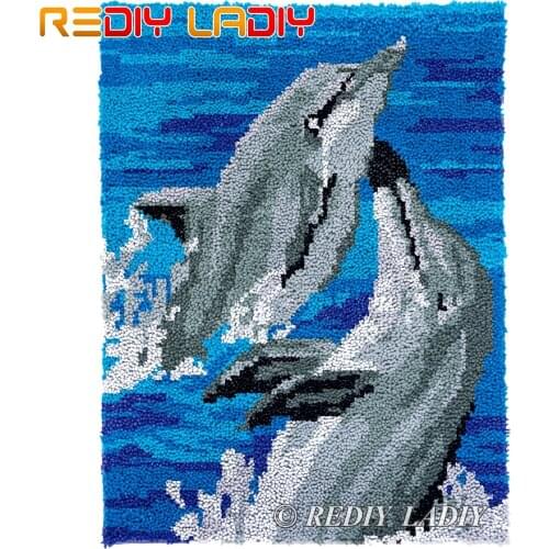 Latch Hook Kits DIY Carpet Rug Two Dolphin Plush Wall Tapestry Kits Crochet Floor Mat Chunky Yarn Cushion Hobby & Crafts 61*81cm