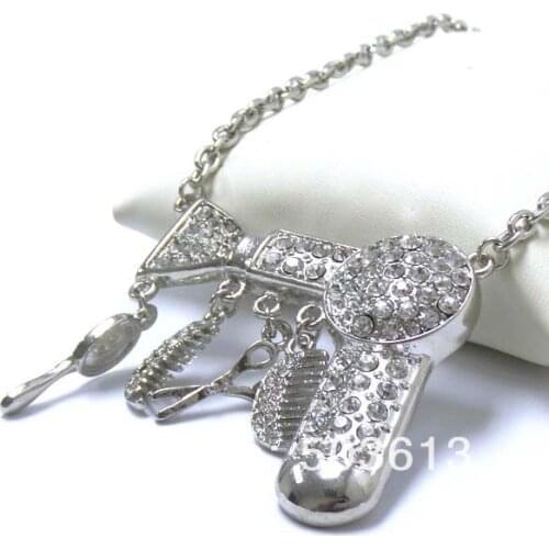 Fashion Rhodium color Hair Dryer/Scissor/Comb Charm Dangle Pendant Women Necklace One piece xy016