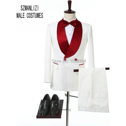 2018 Mens Printed Suits White Double Breasted Wedding Tuxedos for Men Groom Custom Made Formal Men Suits (Jacket + Pants+Bow)
