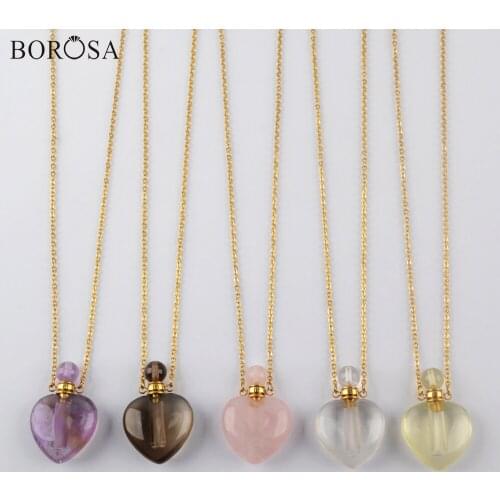 Natural Gems Stone Perfume Bottle Pendant Necklace 26 inch Lovely Heart Essential Oil Diffuser Gold Necklace for Women WX1327-N