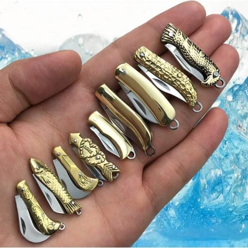 Letter Opener Stainless Steel Knife Stationery Mini Folding Portable Utility Knife Keychain Paper Cutter Exquisite Fish Brass
