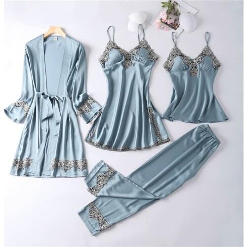 Pyjama Pour Femme 4PCS Nightwear Satin Pajamas Suit Intimate Lingerie Spring Summer New Homewear Sexy Lace Sleep Set Pijamas