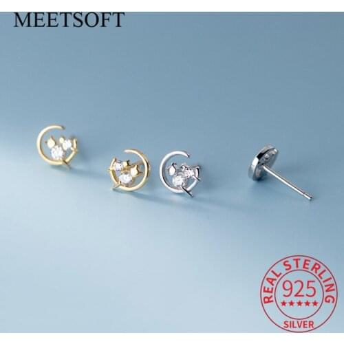 PONYKISS Classic 925 Sterling Silver Zircon Cat and Moon Animals Stud Earrings for woman Party Fine Jewelry Delicate Accessory