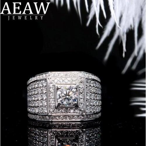 AEAW Luxurious Pave Moissanite Ring 14k White Gold 5mm 0.5ct Round Cut Brillant Lab Diamond Band For Mens Wedding Mens Jewelry